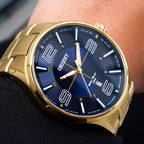 Orient Men's Gold-Tone Dress Watch with Blue Dial – 50M Water Resistant