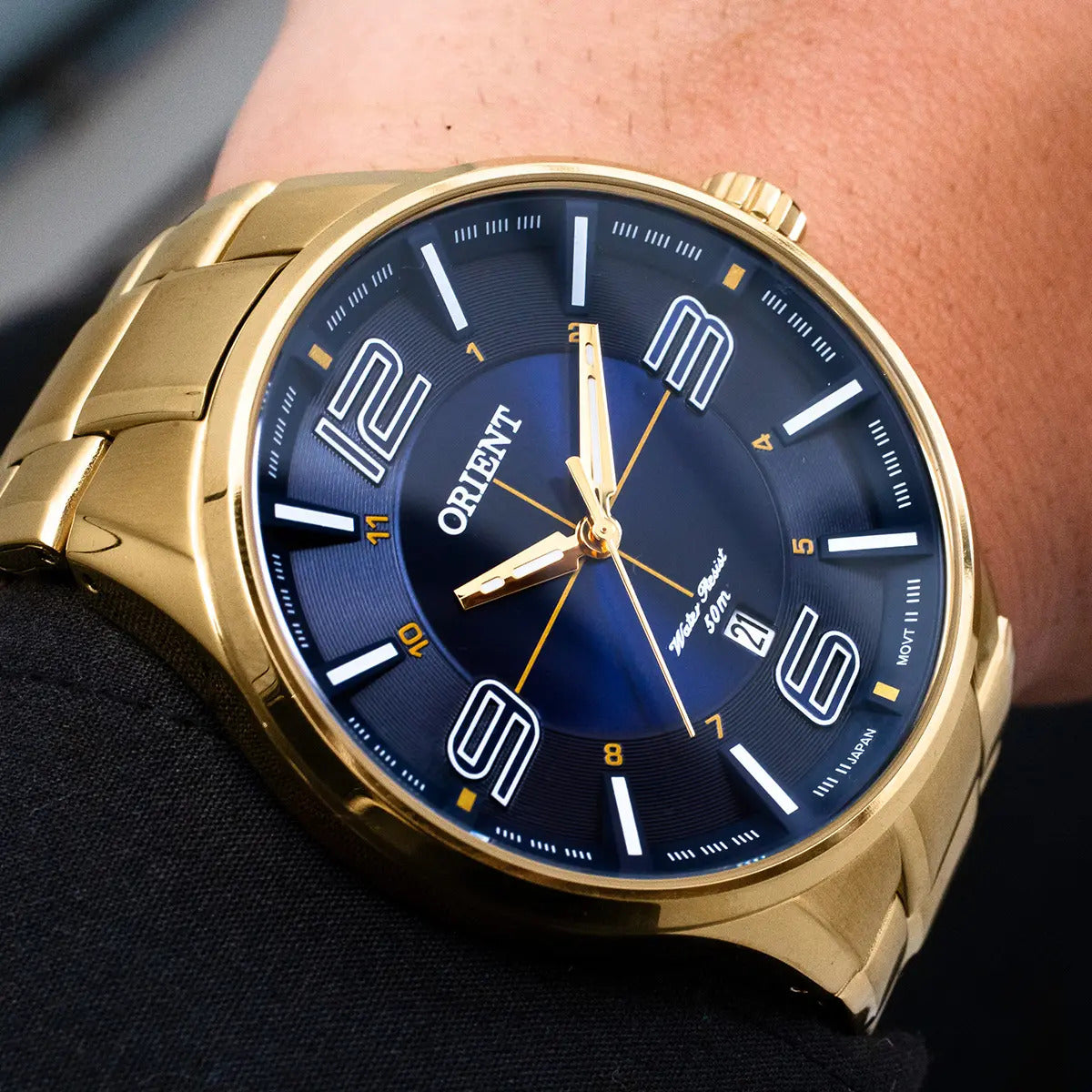 Orient Men's Gold-Tone Dress Watch with Blue Dial – 50M Water Resistant