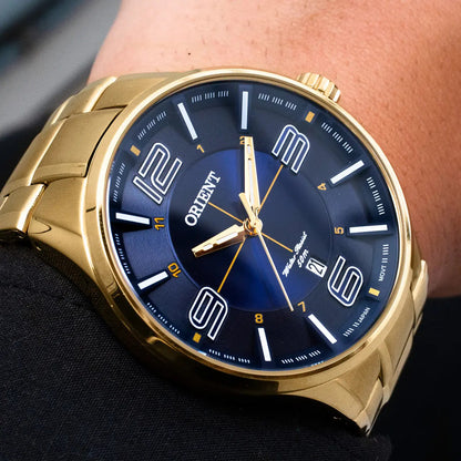 Orient Men's Gold-Tone Dress Watch with Blue Dial – 50M Water Resistant