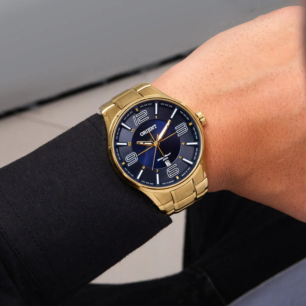 Orient Men's Gold-Tone Dress Watch with Blue Dial – 50M Water Resistant