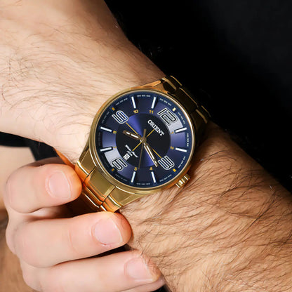 Orient Men's Gold-Tone Dress Watch with Blue Dial – 50M Water Resistant