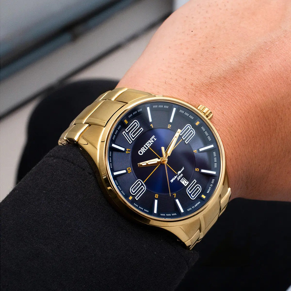 Orient Men's Gold-Tone Dress Watch with Blue Dial – 50M Water Resistant