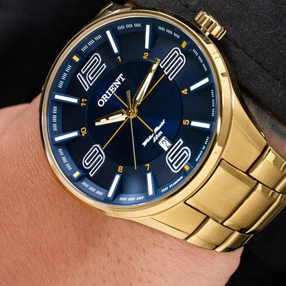Orient Men's Gold-Tone Dress Watch with Blue Dial – 50M Water Resistant