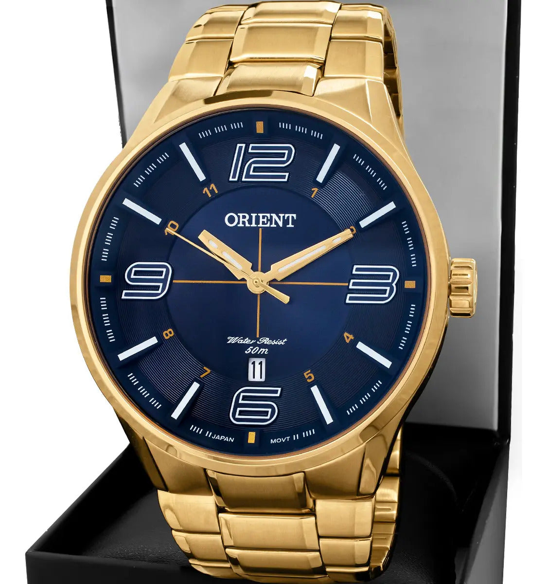 Orient Men's Gold-Tone Dress Watch with Blue Dial – 50M Water Resistant