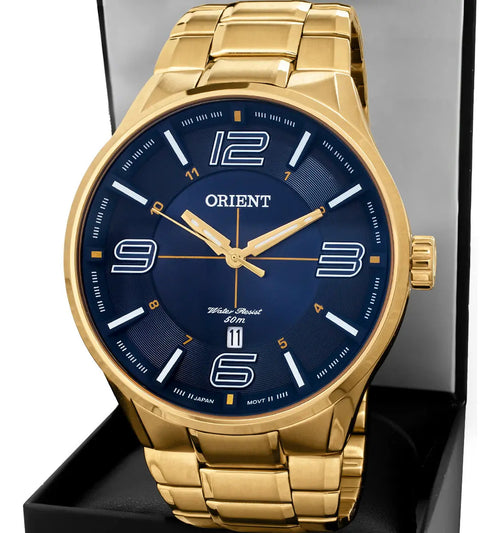 Orient Men's Gold-Tone Dress Watch with Blue Dial – 50M Water Resistant