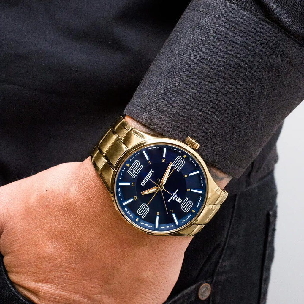 Orient Men's Gold-Tone Dress Watch with Blue Dial – 50M Water Resistant