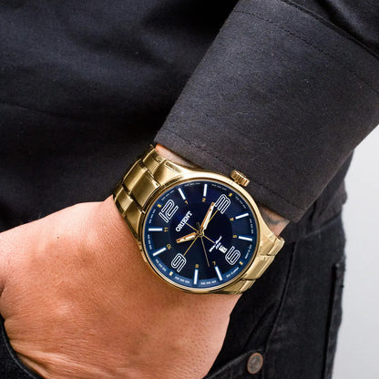 Orient Men's Gold-Tone Dress Watch with Blue Dial – 50M Water Resistant