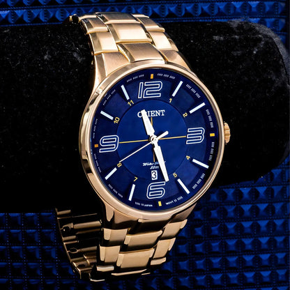 Orient Men's Gold-Tone Dress Watch with Blue Dial – 50M Water Resistant