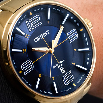 Orient Men's Gold-Tone Dress Watch with Blue Dial – 50M Water Resistant